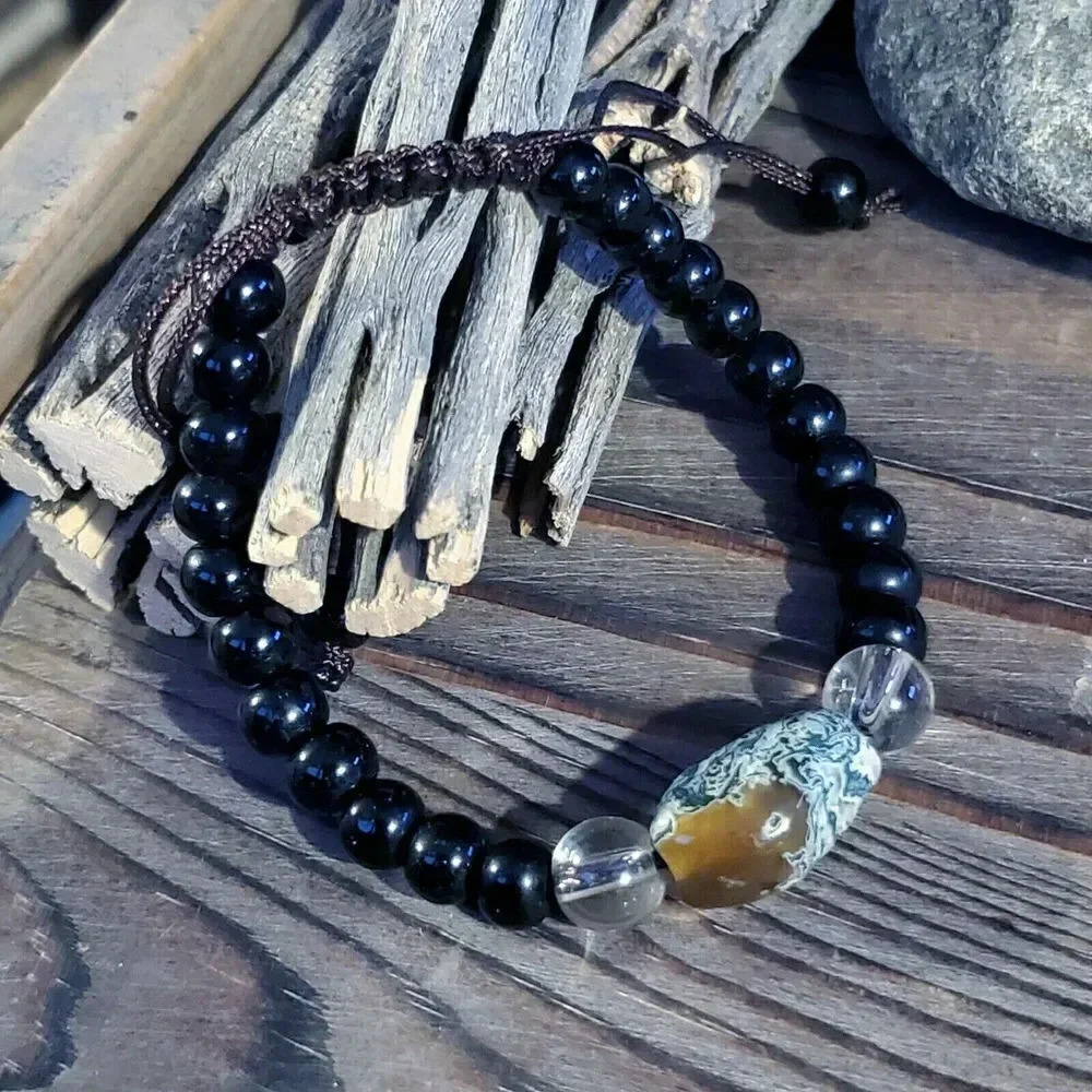 Hand Crafted Tibetan Moss Agate Black Beads Healing Energy Gemstone Bracelet